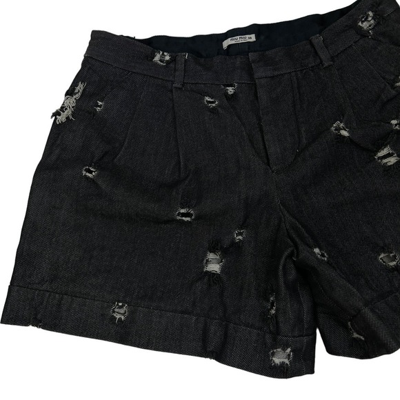 Miu Miu Black Italian Denim Distressed High Waisted Shorts 4 - Picture 3 of 6